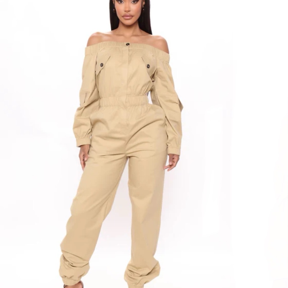 Fashion Nova Tan Off-Shoulder Jumpsuit